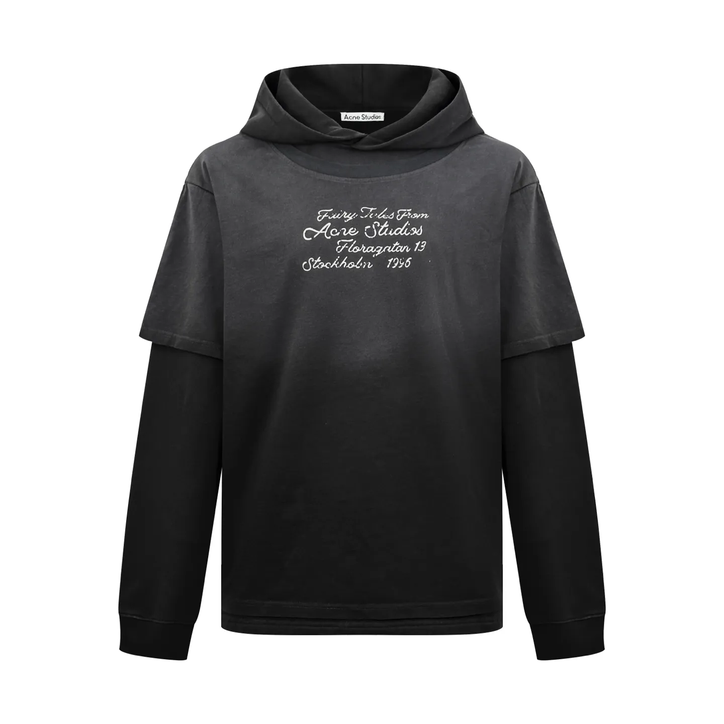 Acne Studios logo layered hooded sweatshirt. Customized double-condensed washed terry cotton. Rich and silky, comfortable and skin-friendly. The body is dip-dyed in charcoal matte black. The hazy matte texture flows through it. It expresses the cool and relaxed aristocratic temperament of Northern Europe. The neat hooded silhouette spreads a casual tone. Retro handwritten floral print on the chest is laid out leisurely. Recalling the brand's archive narrative rooted in Stockholm. Ingeniously constructed laminated sleeves. The staggered layers of replica short sleeves and long sleeves give the ready-to-wear a smart visual tension. It combines relaxed street style and Nordic minimalist core. It sheds the flashy appearance and interprets a reserved high-end dressing posture. Process 1: Adopt glue printing process. The chest printing has been modified three times with the film screen. Use glue liquid paint to print the pattern on the fabric. Bake the fabric to fix the printed pattern. Technique 2: Gradient distressing spray process by spraying dyes of different colors on the surface of the fabric. Realize that clothing can show rich color changes under different lights and increase visual layering. Process 3: Use layered fabrics to create fake two-piece splicing. Precision stitching is layered and locked. Long and short sleeves are overlapped and sewn. The seams are all edge-covered. Internal and external panels are seamlessly combined. One-piece molding presents staggered layers of short sleeves and long sleeves. Process 4: The fabrics have been fermented and washed. The hand feel and texture are better. Not easy to deform. Not easy to shrink. Not easy to fade. Maintain long-term beauty. Accessories: Customized 1:1 Acne trademark Fit: Loose fit Size: S M L XL Style number: CC 7005